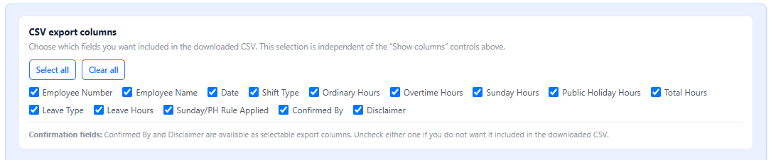 The Manager's Desk export column selection screen