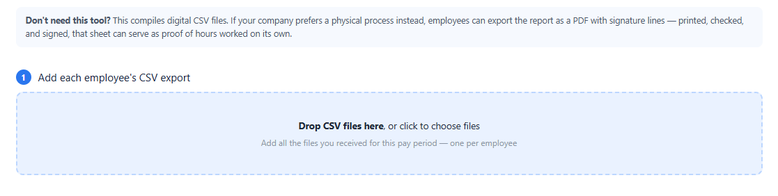 The Manager's Desk drop zone for adding employee CSV files